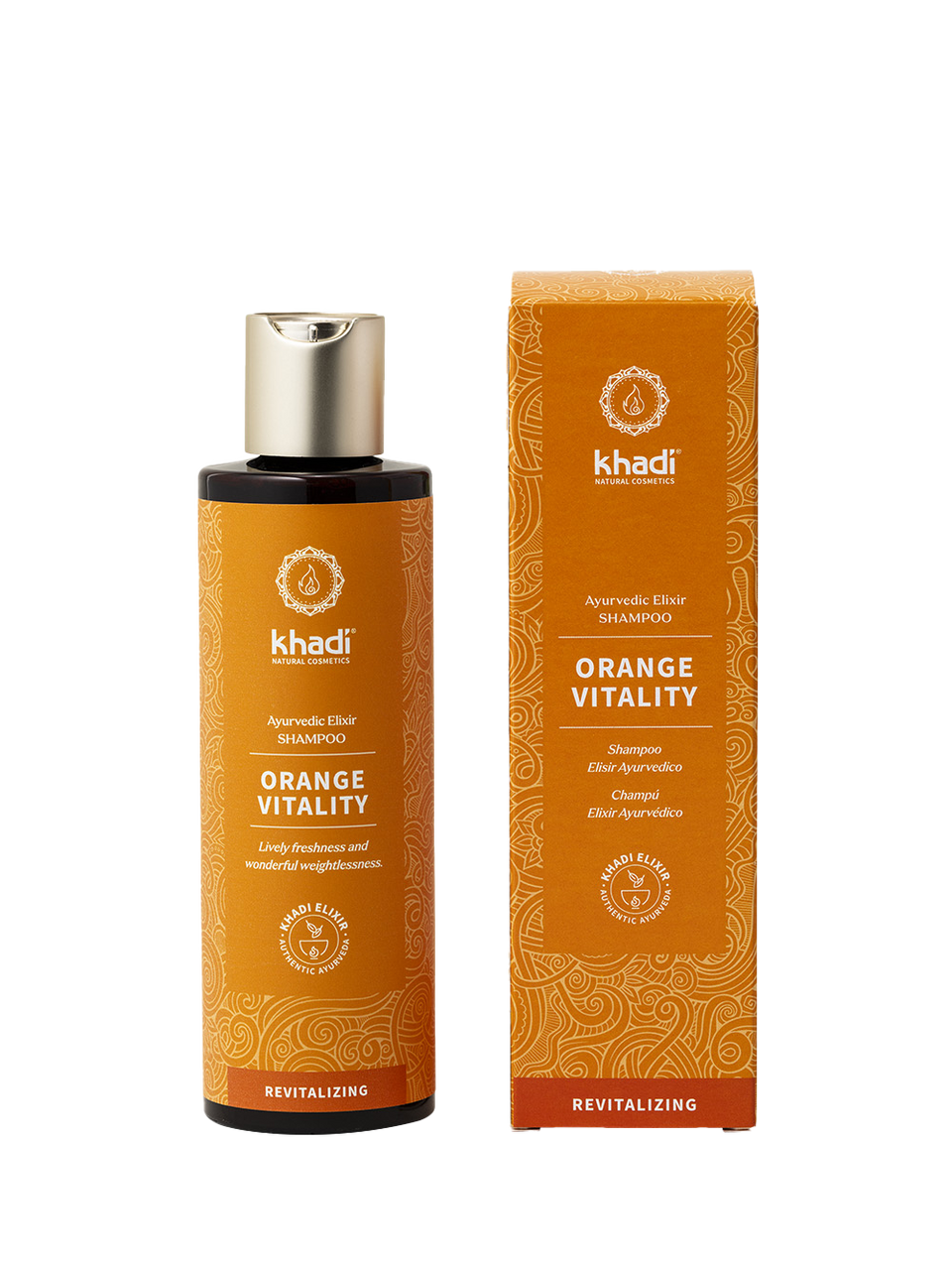 Back view of the Orange Vitality Shampoo packaging by khadi