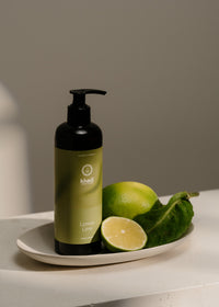 Creative still life of Ayurveda Everyday Lemon Lime Hand Soap – gentle and revitalizing hand cleansing