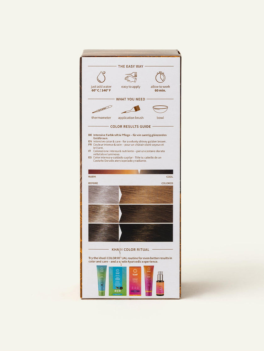 Side view of the Golden Brown plant-based hair color packaging by khadi