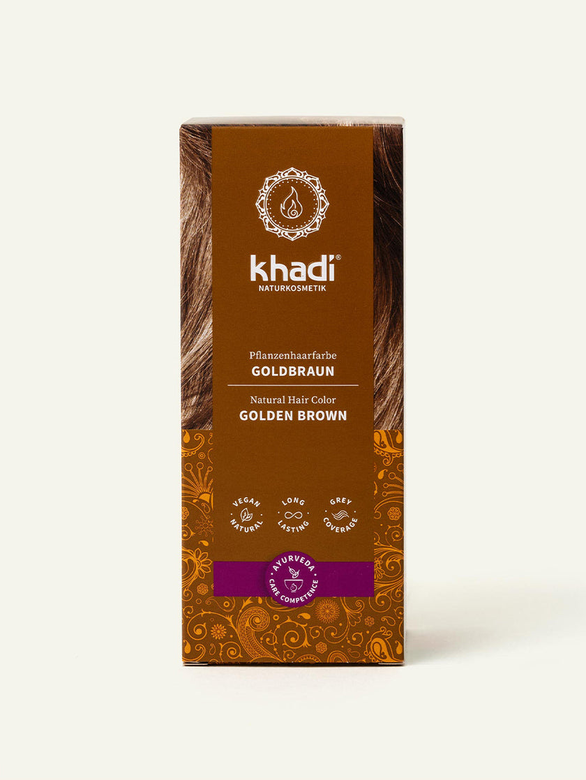 Front view of the Golden Brown plant-based hair color packaging by khadi