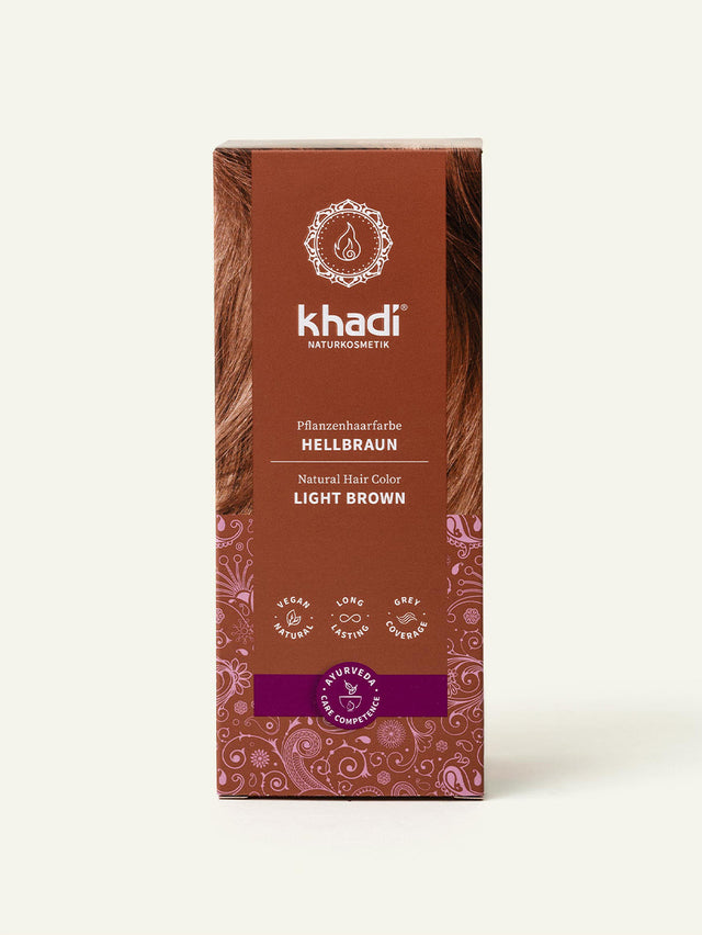 Image of Light Brown plant-based hair color packaging, side view by khadi