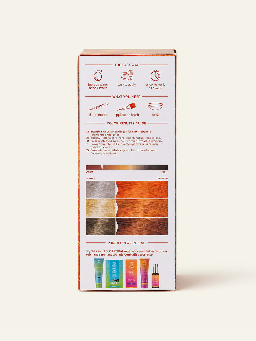 Image of Copper plant-based hair color, side packaging DE-US by khadi