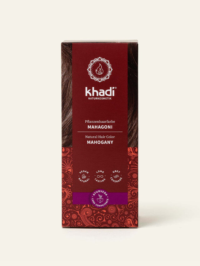 Image of Mahogany plant-based hair color packaging, front DE-US by khadi