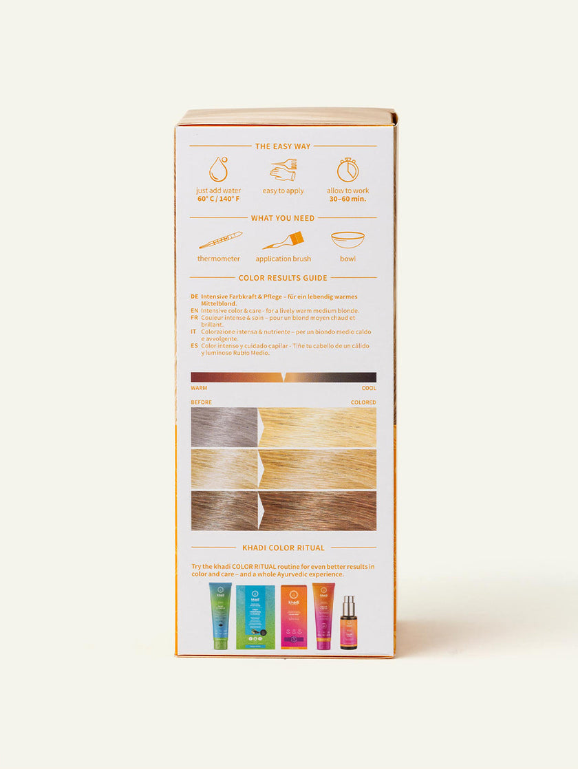 Image of Medium Blonde plant-based hair color packaging, side view by khadi