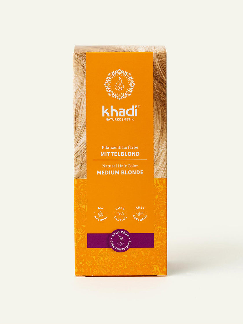 Image of Medium Blonde plant-based hair color, front packaging by khadi