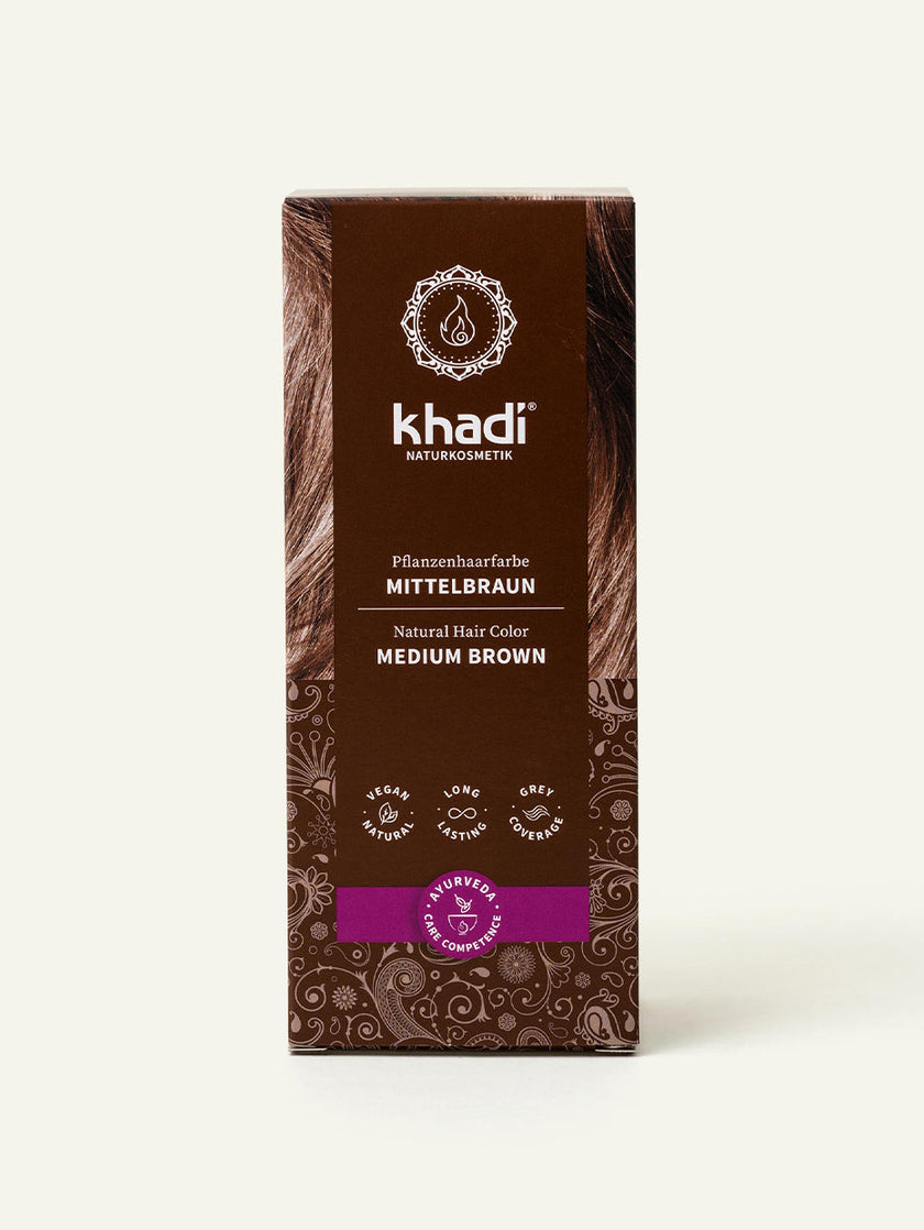 Image of Medium Brown plant-based hair color packaging, front by khadi