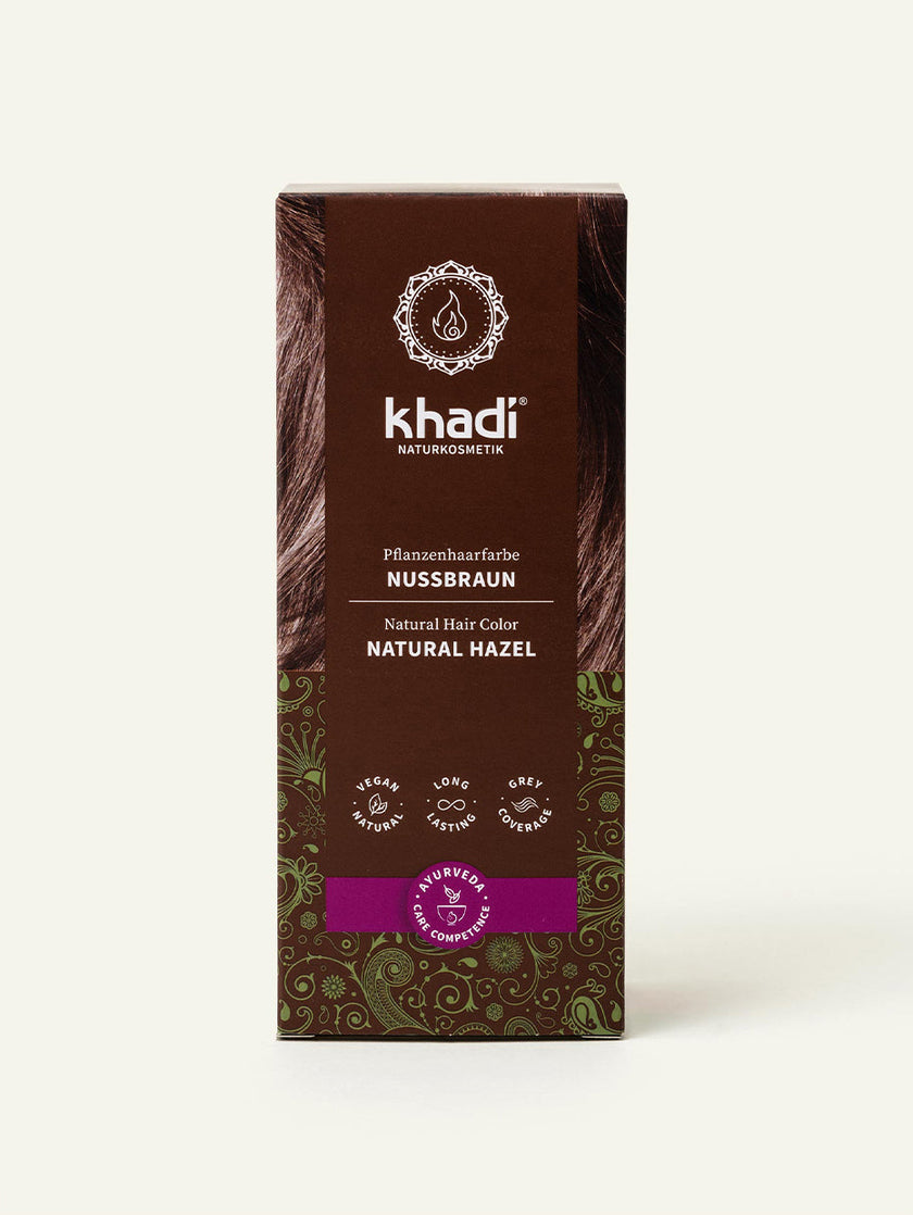 Image of Nut Brown plant-based hair color packaging, front by khadi