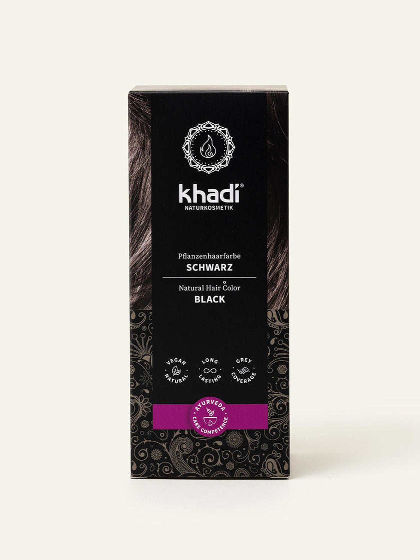 Image of Black plant-based hair color packaging, front view by khadi